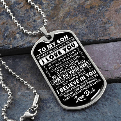 To My Son Dog Tag Necklace - Military Style Gift from Dad - Close Up View